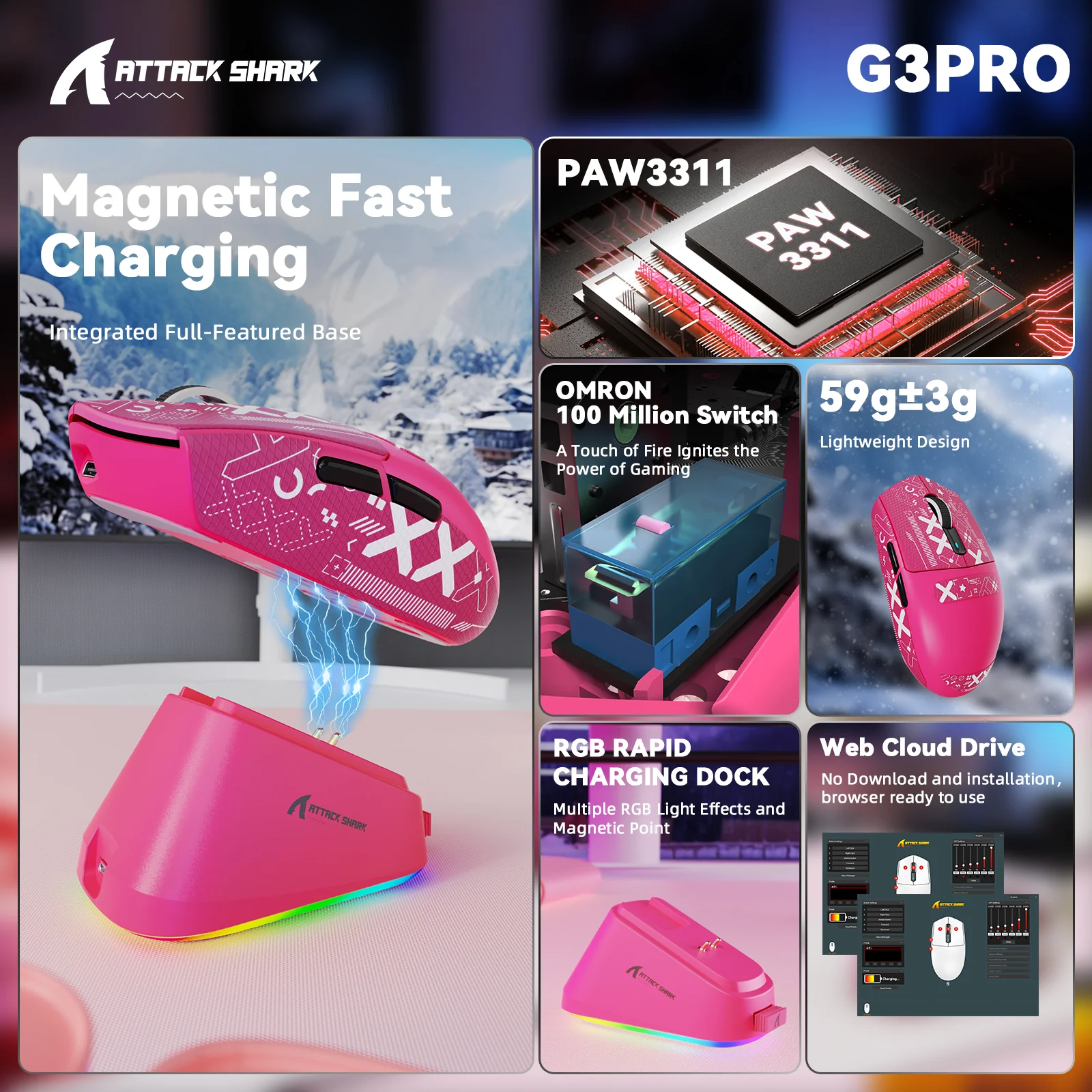 ATTACK SHARK G3PRO Tri-mode Wireless Gaming Mouse with Charge Dock 25000 DPI Ultra Lightweight 32 ATTACK SHARK G3PRO Tri-mode Wireless Gaming Mouse with Charge Dock 25000 DPI Ultra Lightweight