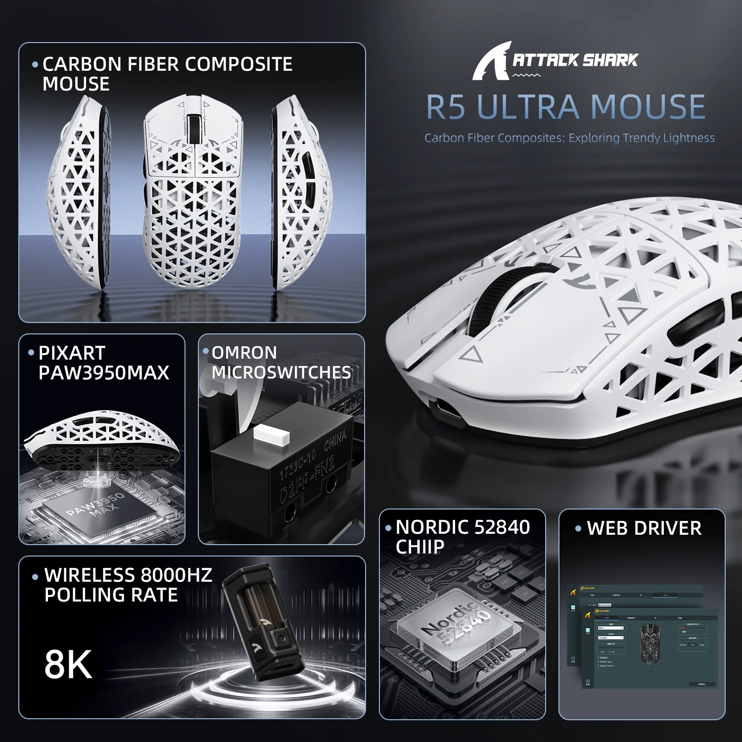 ATTACK SHARK R5 Ultra Carbon Fiber Wireless 8K PAW3950MAX Gaming Mouse with 8K Coiled Cable 12 ATTACK SHARK R5 Ultra Carbon Fiber Wireless 8K PAW3950MAX Gaming Mouse with 8K Coiled Cable