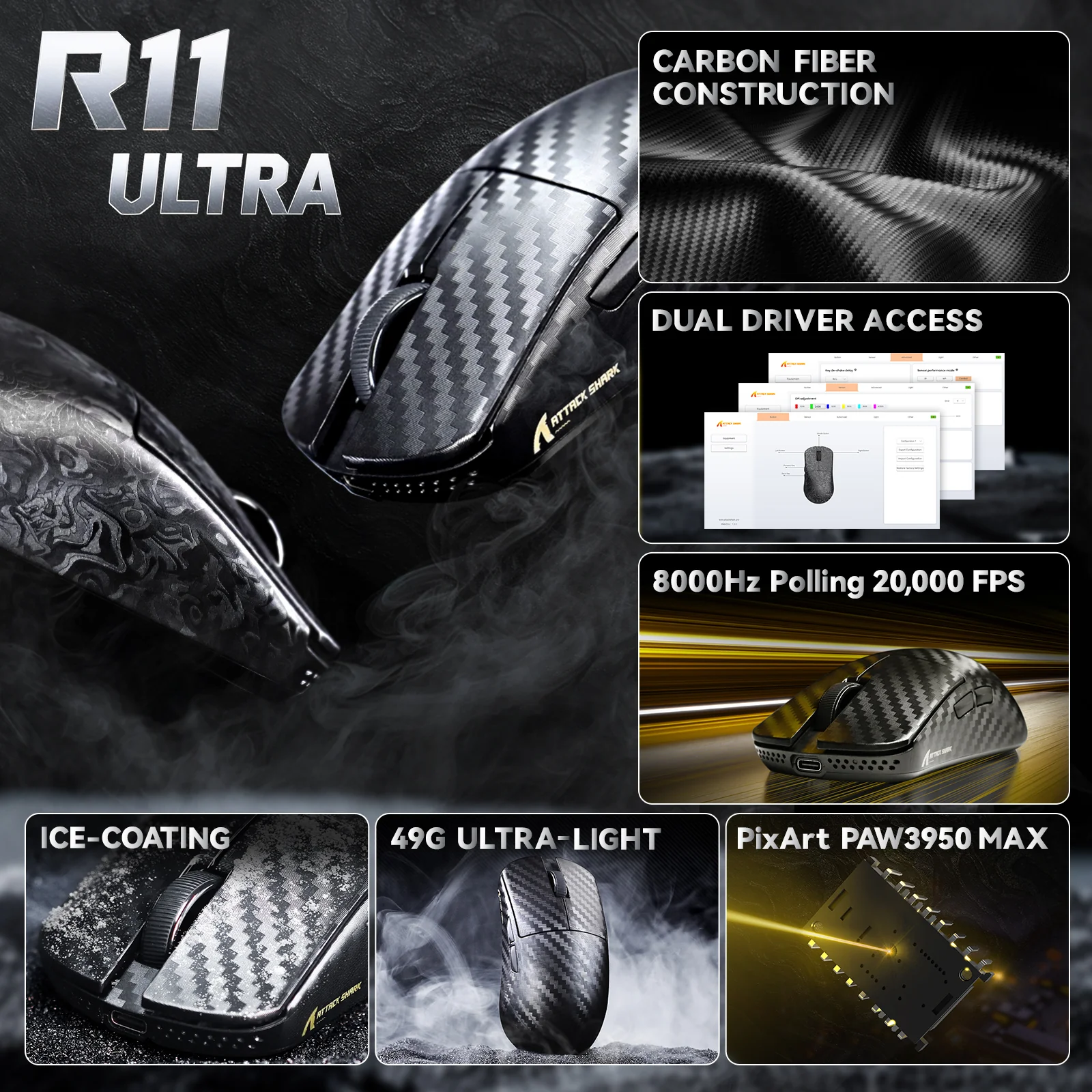 ATTACK SHARK R11 ULTRA Carbon Fiber Wireless 8K PAW3950MAX Gaming Mouse 17 ATTACK SHARK R11 ULTRA Carbon Fiber Wireless 8K PAW3950MAX Gaming Mouse