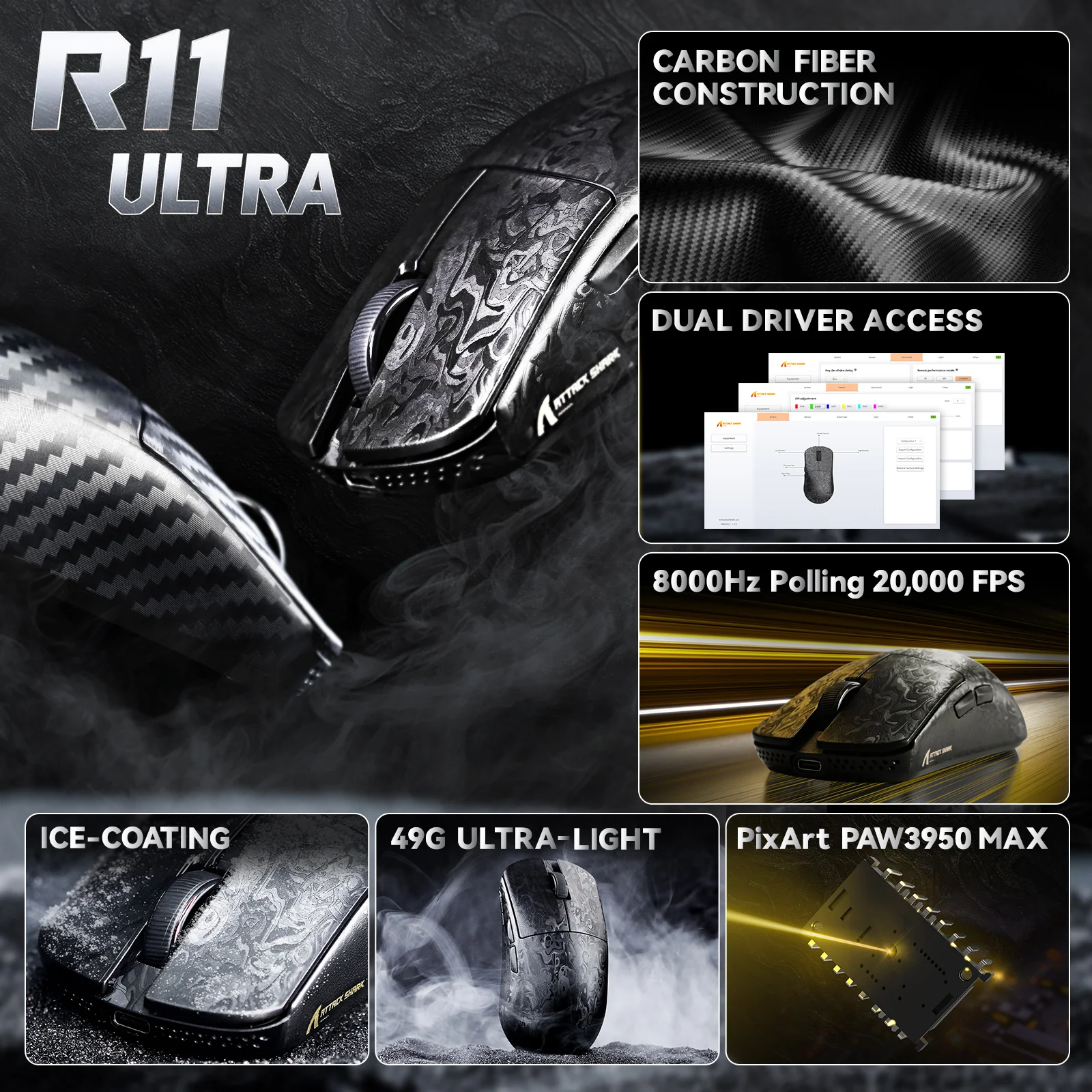 ATTACK SHARK R11 ULTRA Carbon Fiber Wireless 8K PAW3950MAX Gaming Mouse 9 ATTACK SHARK R11 ULTRA Carbon Fiber Wireless 8K PAW3950MAX Gaming Mouse