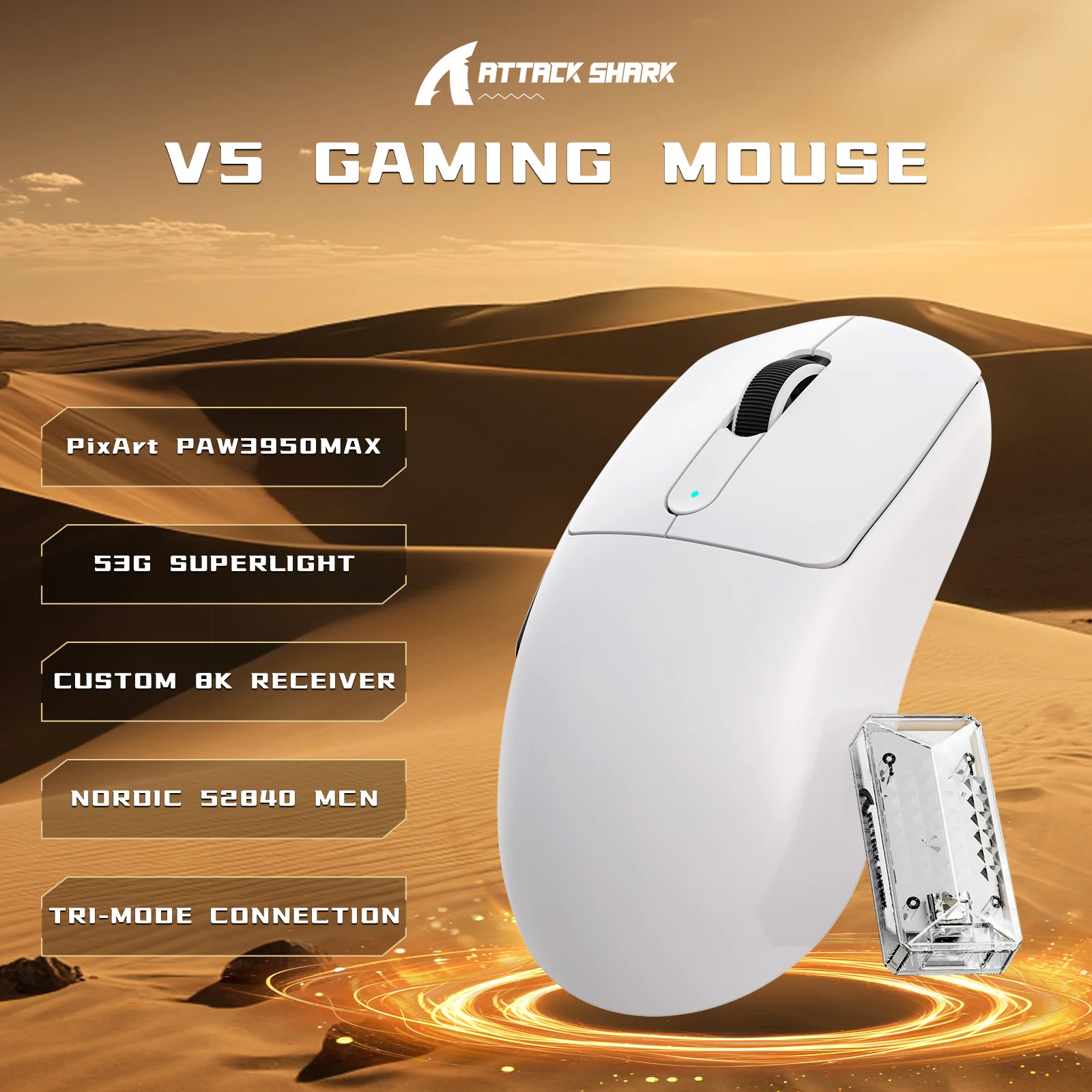 ATTACK SHARK V5 8KHz Wireless PAW3950MAX Gaming Mouse with C06 Ultra Cable