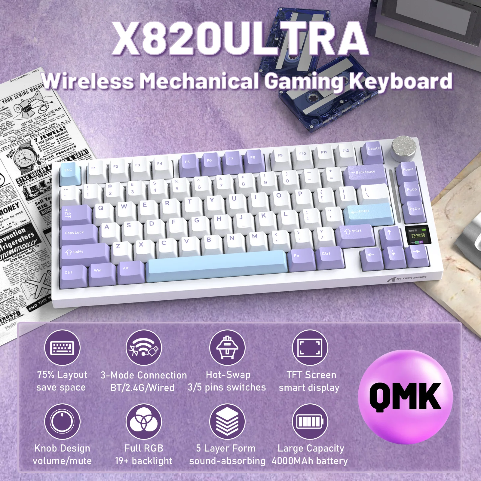 ATTACK SHARK X820ULTRA Mechanical Keyboard with C01ULTRA Coiled Cable