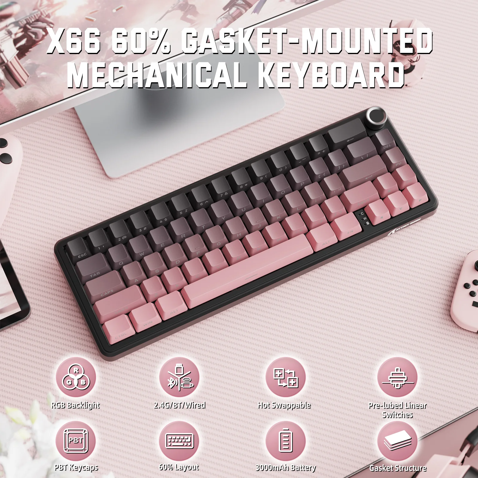 ATTACK SHARK X66 Wireless Mechanical Keyboard with Side Printed PBT Keycaps 11 ATTACK SHARK X66 Wireless Mechanical Keyboard with Side Printed PBT Keycaps