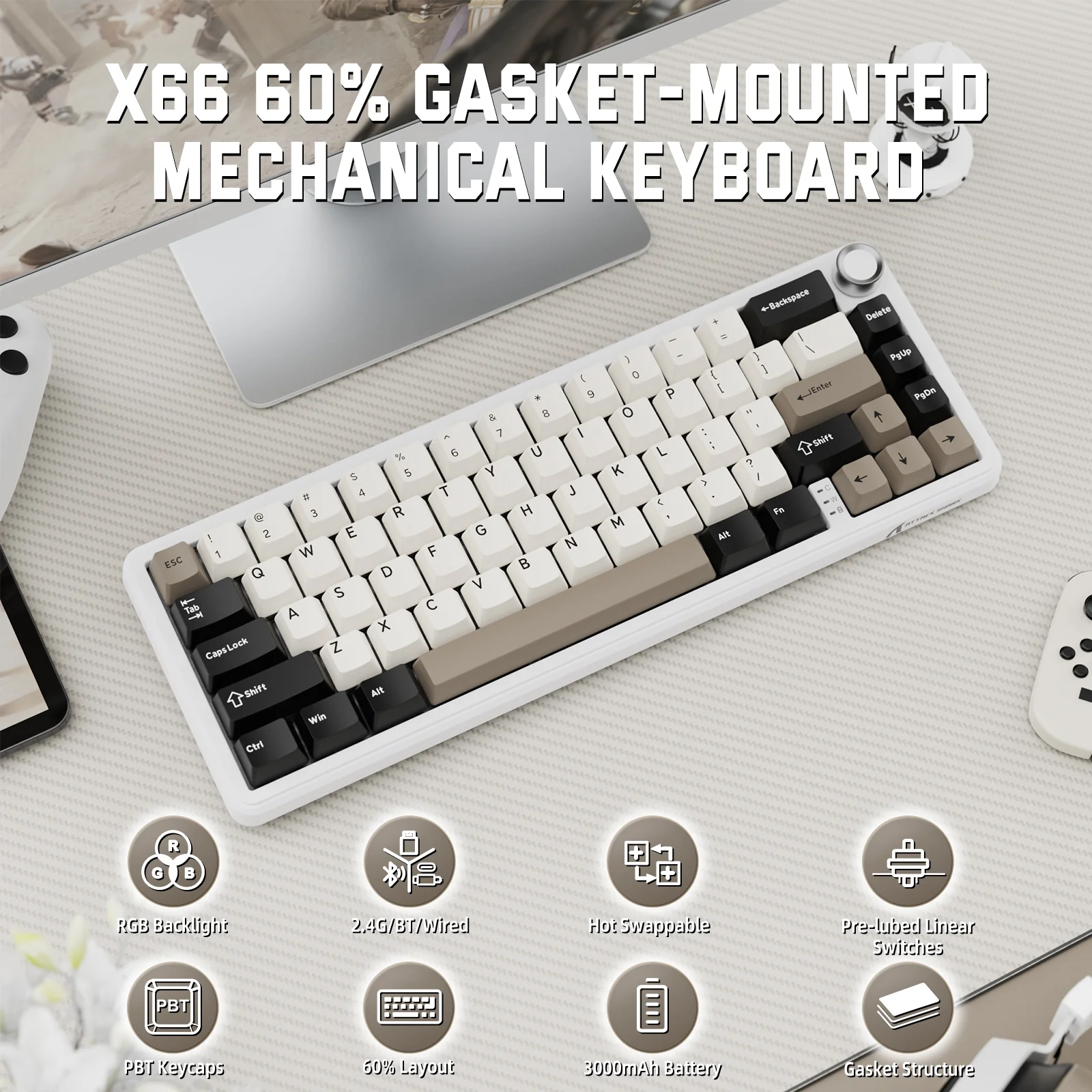 ATTACK SHARK X66 Wireless Mechanical Keyboard with Side Printed PBT Keycaps 20 ATTACK SHARK X66 Wireless Mechanical Keyboard with Side Printed PBT Keycaps