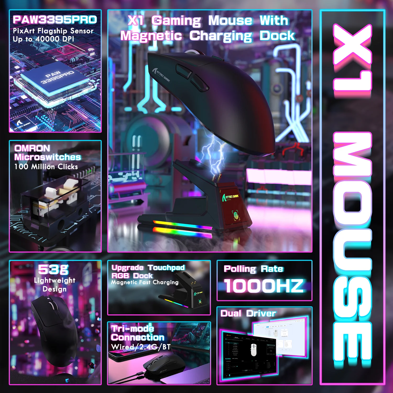 ATTACK SHARK X1 Tri-mode Gaming Mouse With Touchpad RGB Charging Dock PAW3395PRO Sensor 11 ATTACK SHARK X1 Tri-mode Gaming Mouse With Touchpad RGB Charging Dock PAW3395PRO Sensor