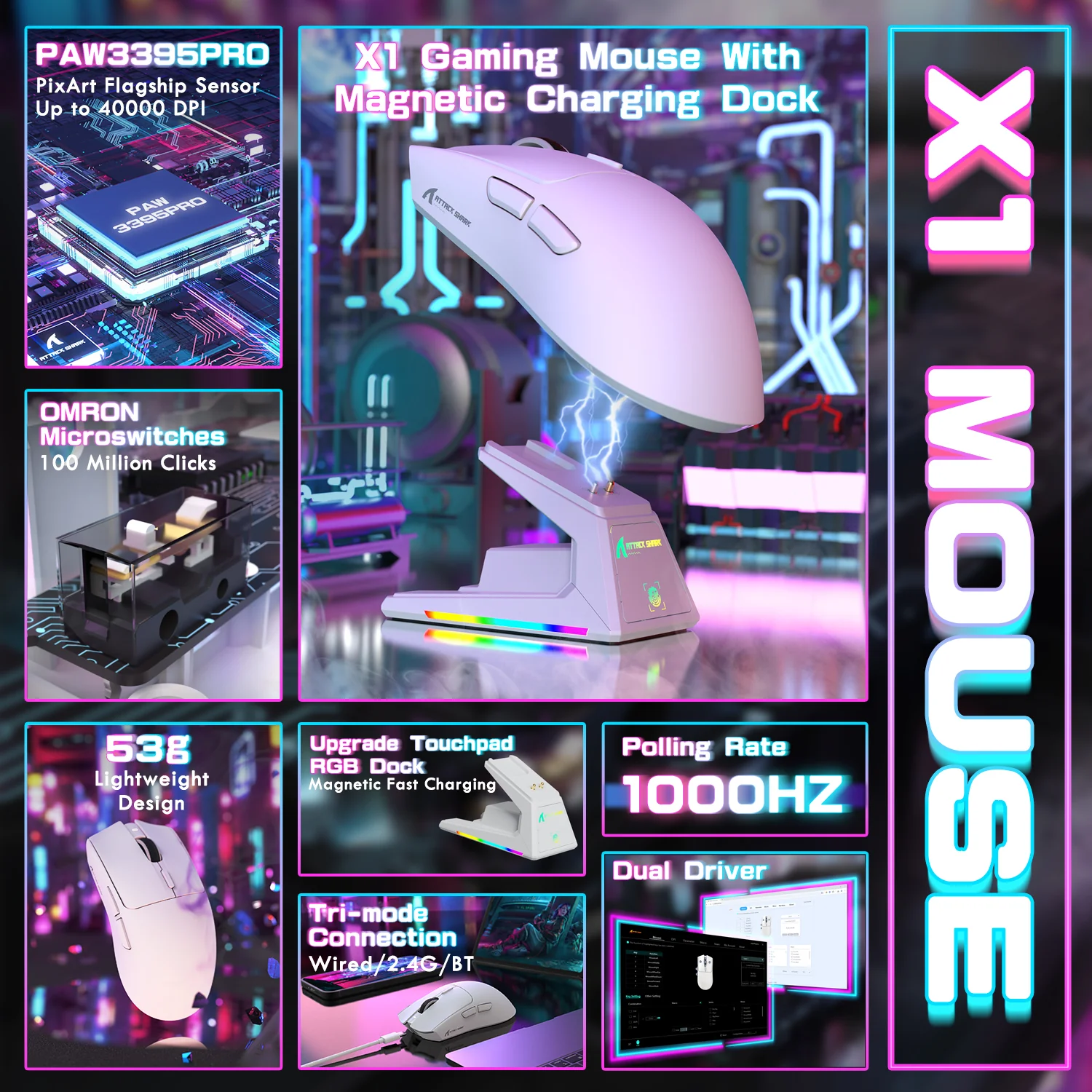 ATTACK SHARK X1 Tri-mode Gaming Mouse With Touchpad RGB Charging Dock PAW3395PRO Sensor