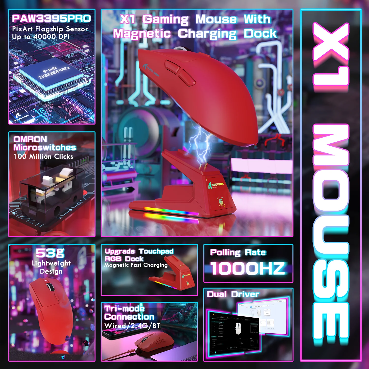 ATTACK SHARK X1 Tri-mode Gaming Mouse With Touchpad RGB Charging Dock PAW3395PRO Sensor 20 ATTACK SHARK X1 Tri-mode Gaming Mouse With Touchpad RGB Charging Dock PAW3395PRO Sensor