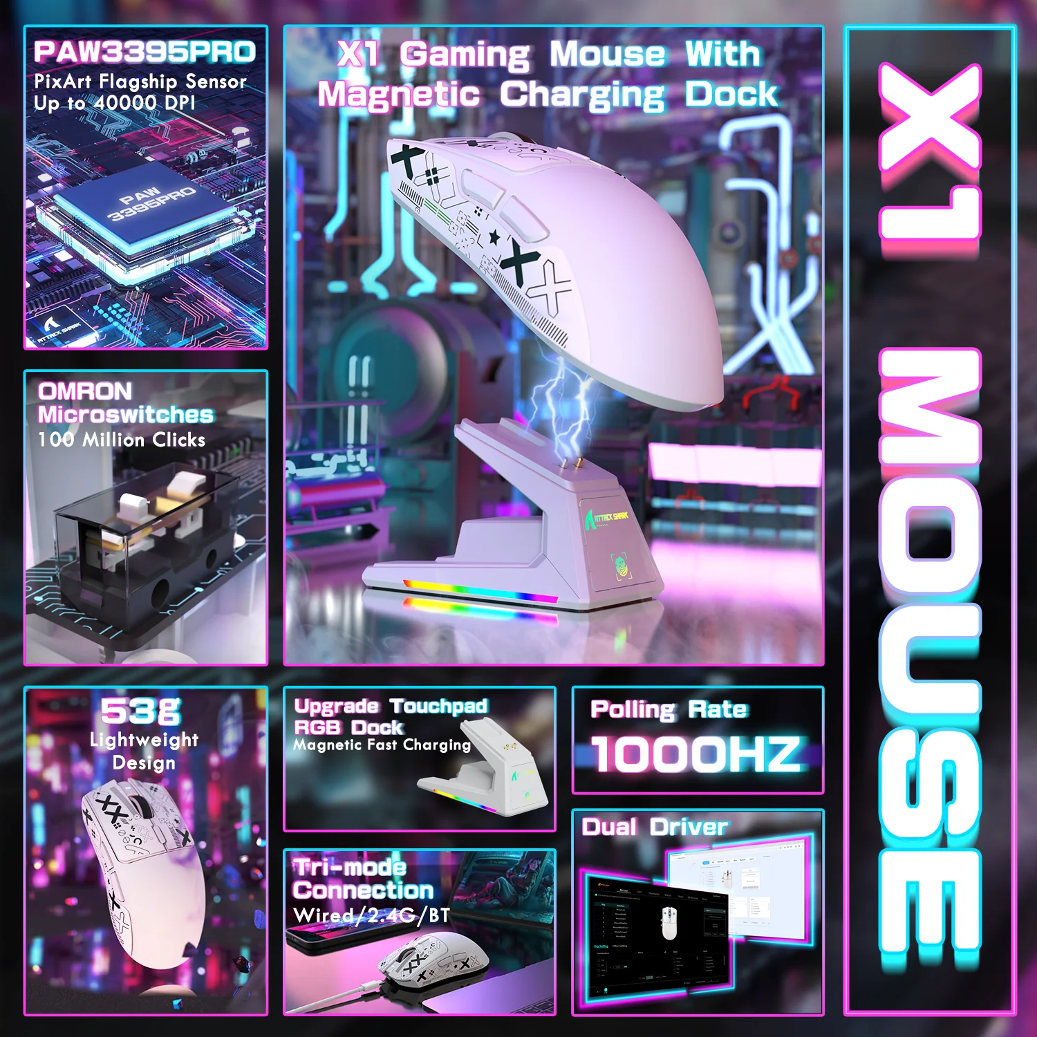 ATTACK SHARK X1 Tri-mode Gaming Mouse With Touchpad RGB Charging Dock PAW3395PRO Sensor 29 ATTACK SHARK X1 Tri-mode Gaming Mouse With Touchpad RGB Charging Dock PAW3395PRO Sensor