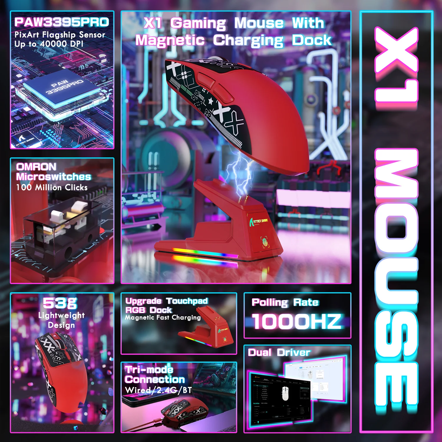 ATTACK SHARK X1 Tri-mode Gaming Mouse With Touchpad RGB Charging Dock PAW3395PRO Sensor 47 ATTACK SHARK X1 Tri-mode Gaming Mouse With Touchpad RGB Charging Dock PAW3395PRO Sensor