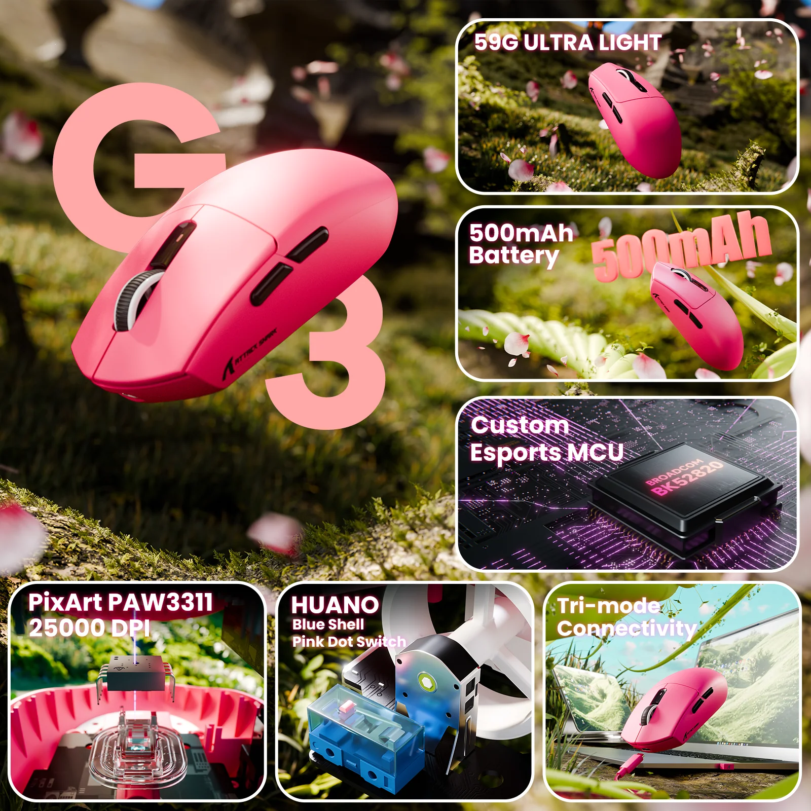 ATTACK SHARK G3 Tri-mode Wireless Gaming Mouse 25000 DPI Ultra Lightweight 38 ATTACK SHARK G3 Tri-mode Wireless Gaming Mouse 25000 DPI Ultra Lightweight