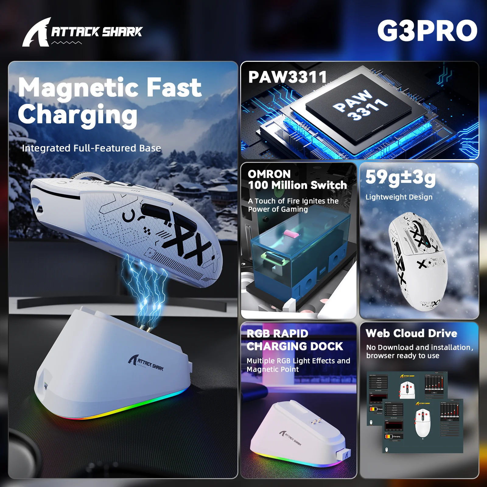 ATTACK SHARK G3PRO Tri-mode Wireless Gaming Mouse with Charge Dock 25000 DPI Ultra Lightweight 40 ATTACK SHARK G3PRO Tri-mode Wireless Gaming Mouse with Charge Dock 25000 DPI Ultra Lightweight