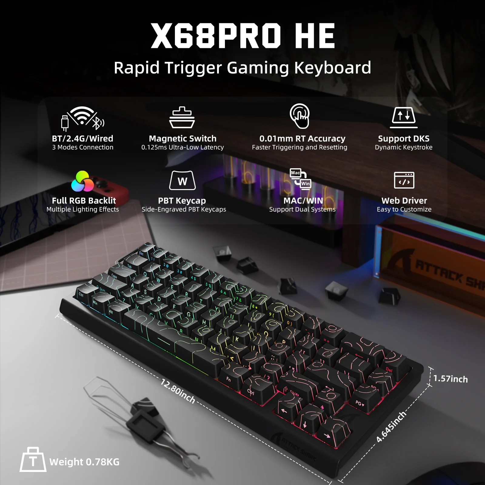 ATTACK SHARK X68PRO HE Wireless Rapid Trigger Keyboard Magnetic Switch 11 ATTACK SHARK X68PRO HE Wireless Rapid Trigger Keyboard Magnetic Switch