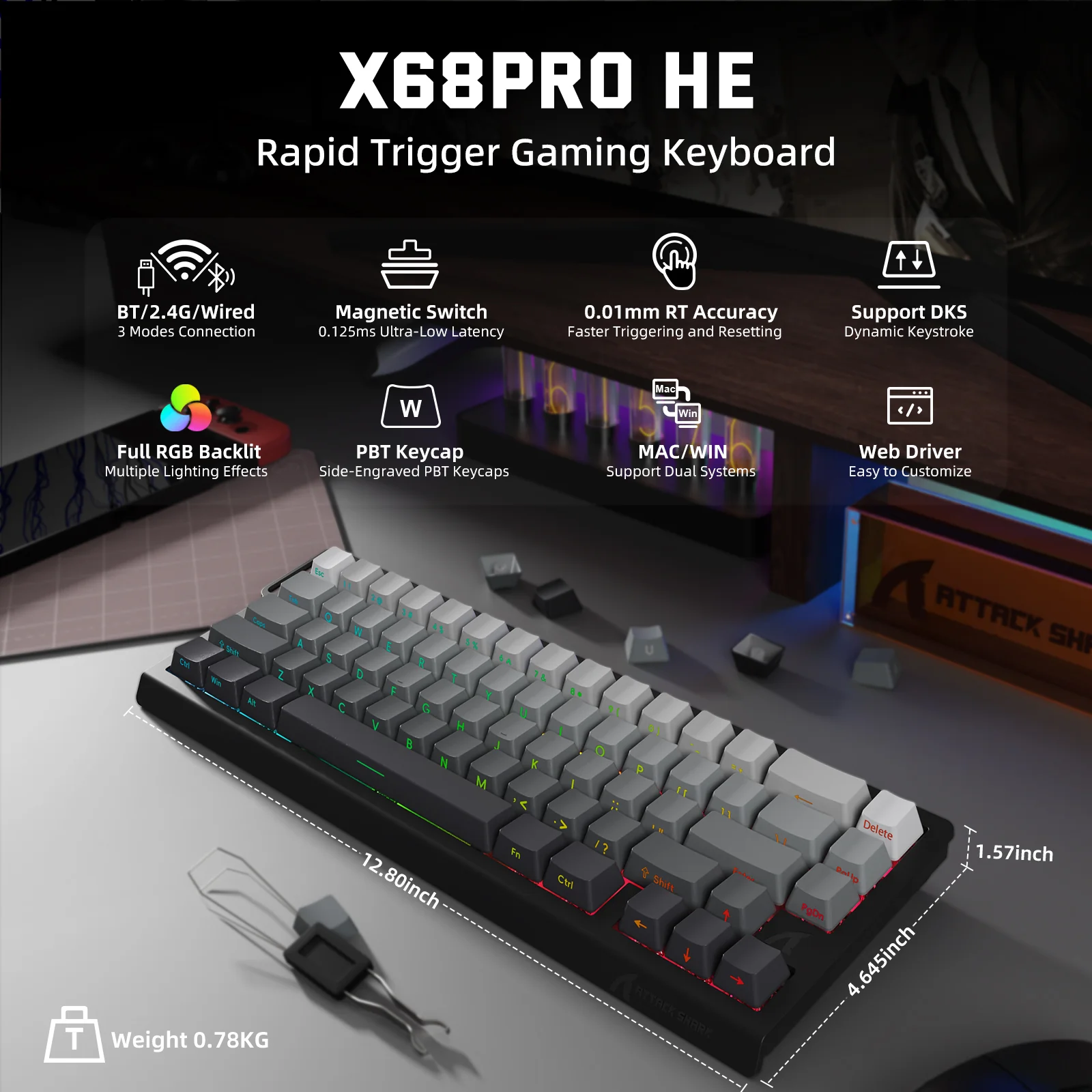 ATTACK SHARK X68PRO HE Wireless Rapid Trigger Keyboard Magnetic Switch