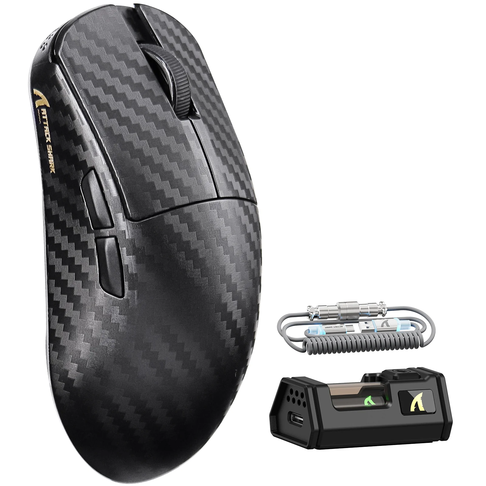 ATTACK SHARK R11 ULTRA Carbon Fiber Wireless 8K PAW3950MAX Gaming Mouse with C06 Ultra LED Cable