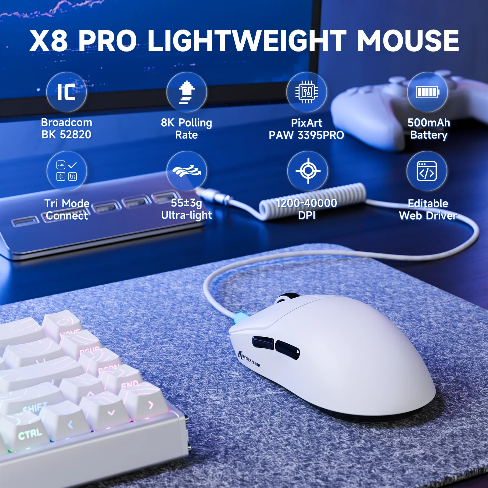 ATTACK SHARK X8PRO Ultra-Light Wireless Gaming Mouse & C06ULTRA Cable