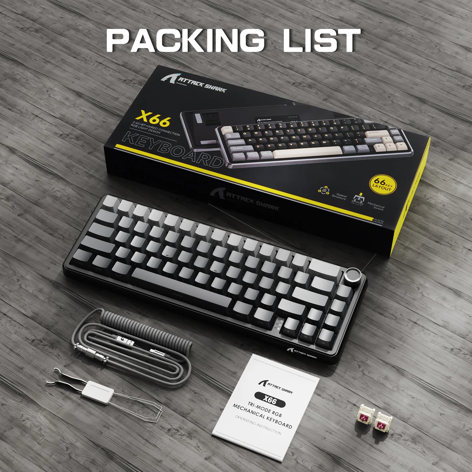 ATTACK SHARK X66 Wireless Mechanical Keyboard with 8K Coiled Cable 9 ATTACK SHARK X66 Wireless Mechanical Keyboard with 8K Coiled Cable