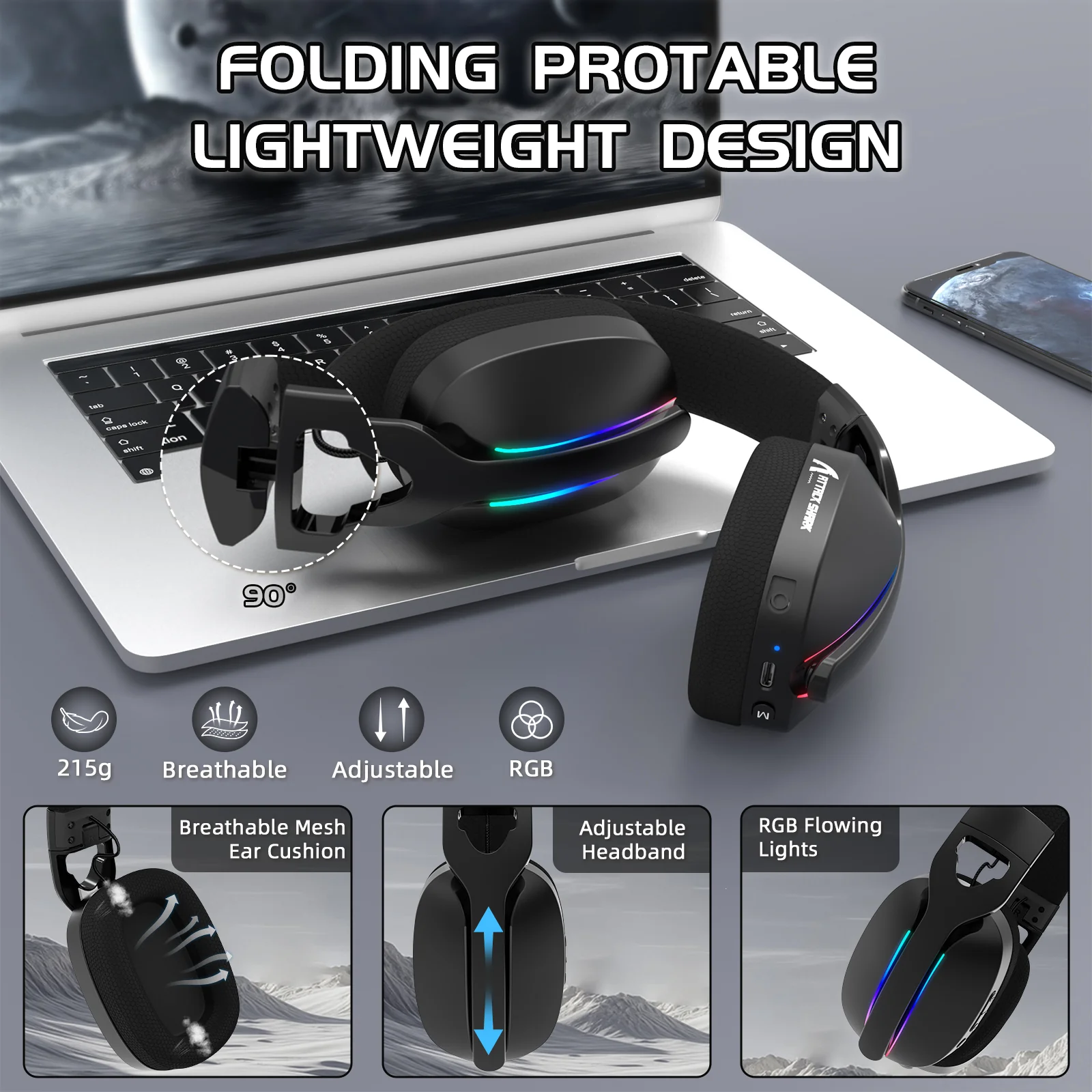 ATTACK SHARK L90 Foldable RGB Ultra-Light Tri-Mode Gaming Headset 5 ATTACK SHARK L90 Foldable RGB Ultra-Light Tri-Mode Gaming Headset