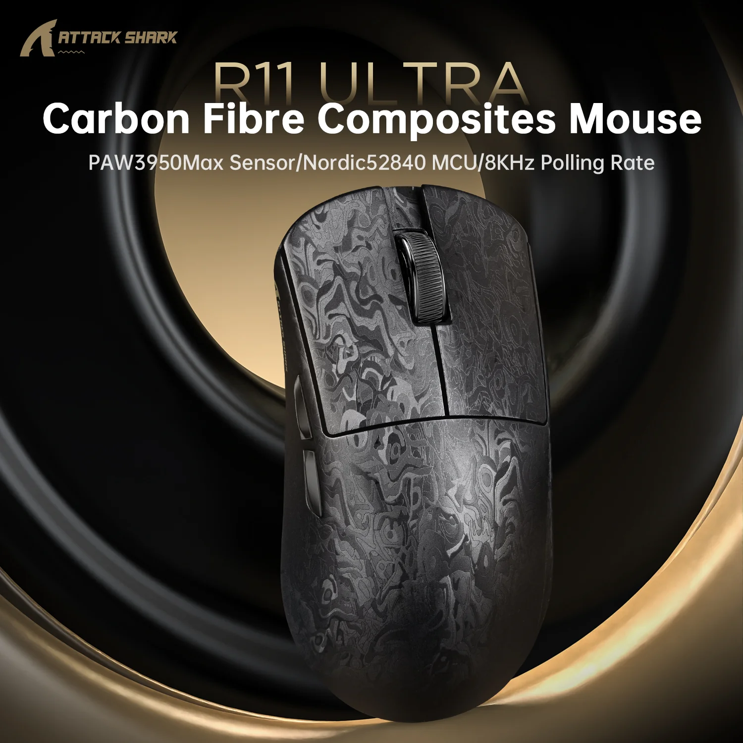ATTACK SHARK R11 ULTRA Carbon Fiber Wireless 8K PAW3950MAX Gaming Mouse with C06 Ultra LED Cable