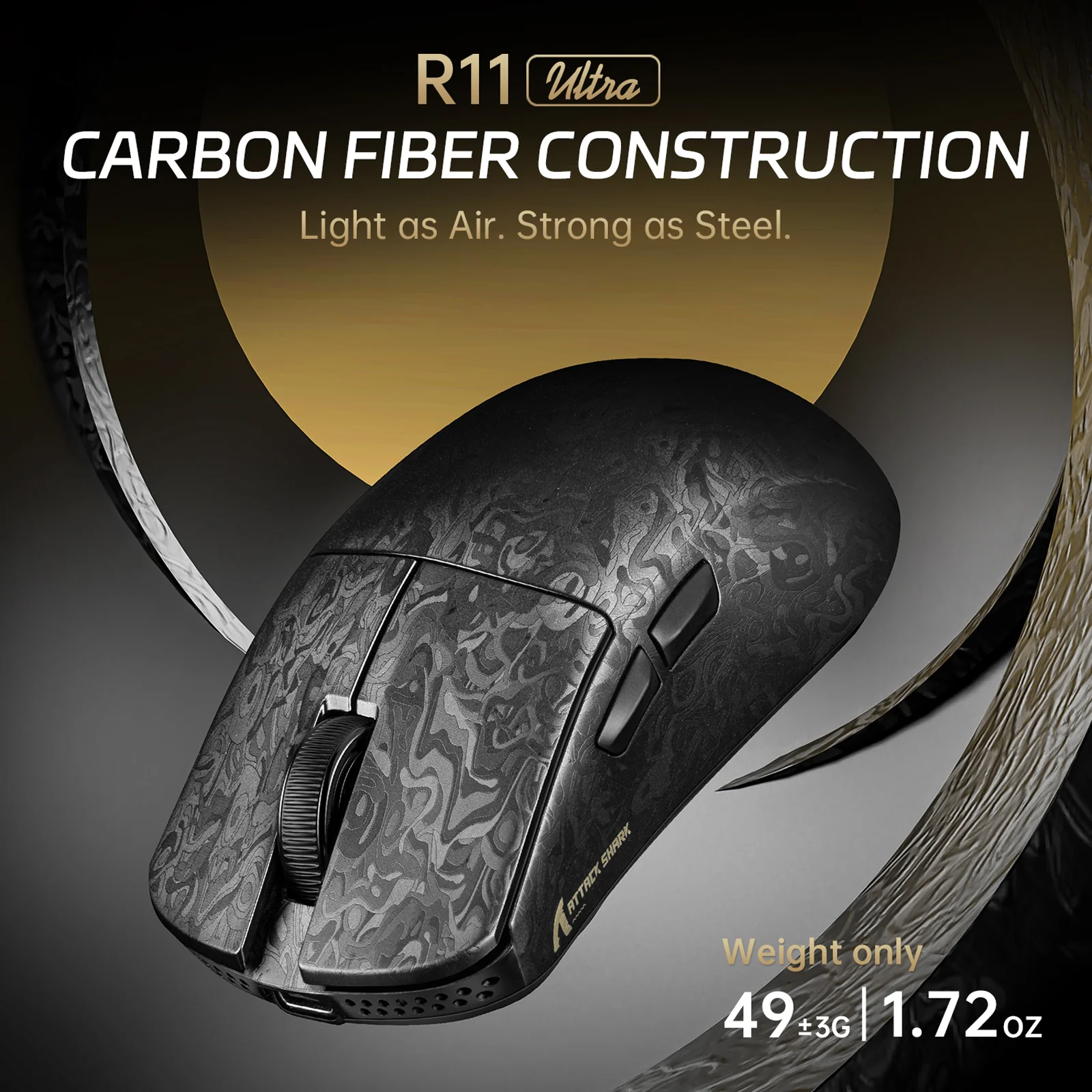 ATTACK SHARK R11 ULTRA Carbon Fiber Wireless 8K PAW3950MAX Gaming Mouse with C06 Ultra LED Cable