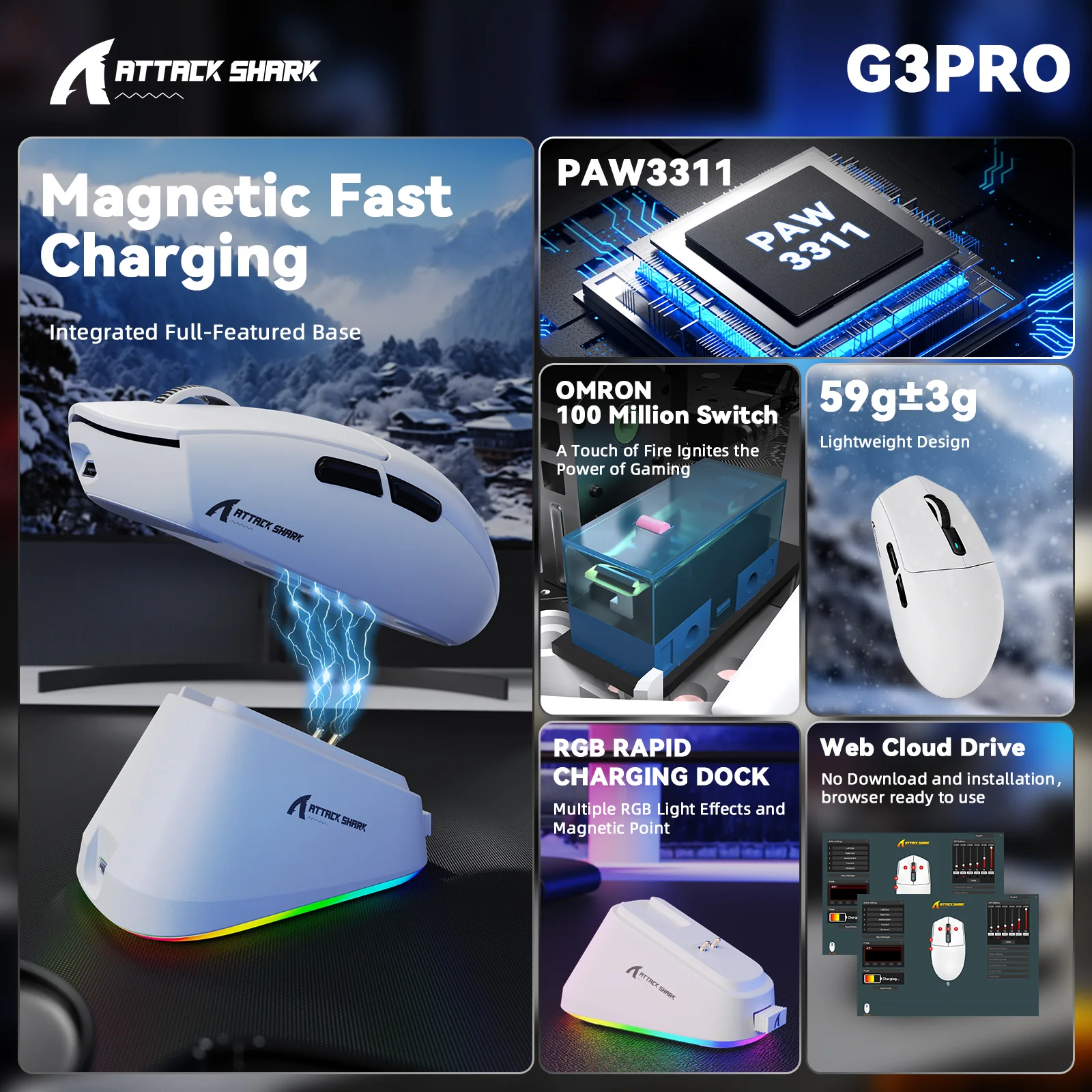 ATTACK SHARK G3PRO Tri-mode Wireless Gaming Mouse with Charge Dock 25000 DPI Ultra Lightweight