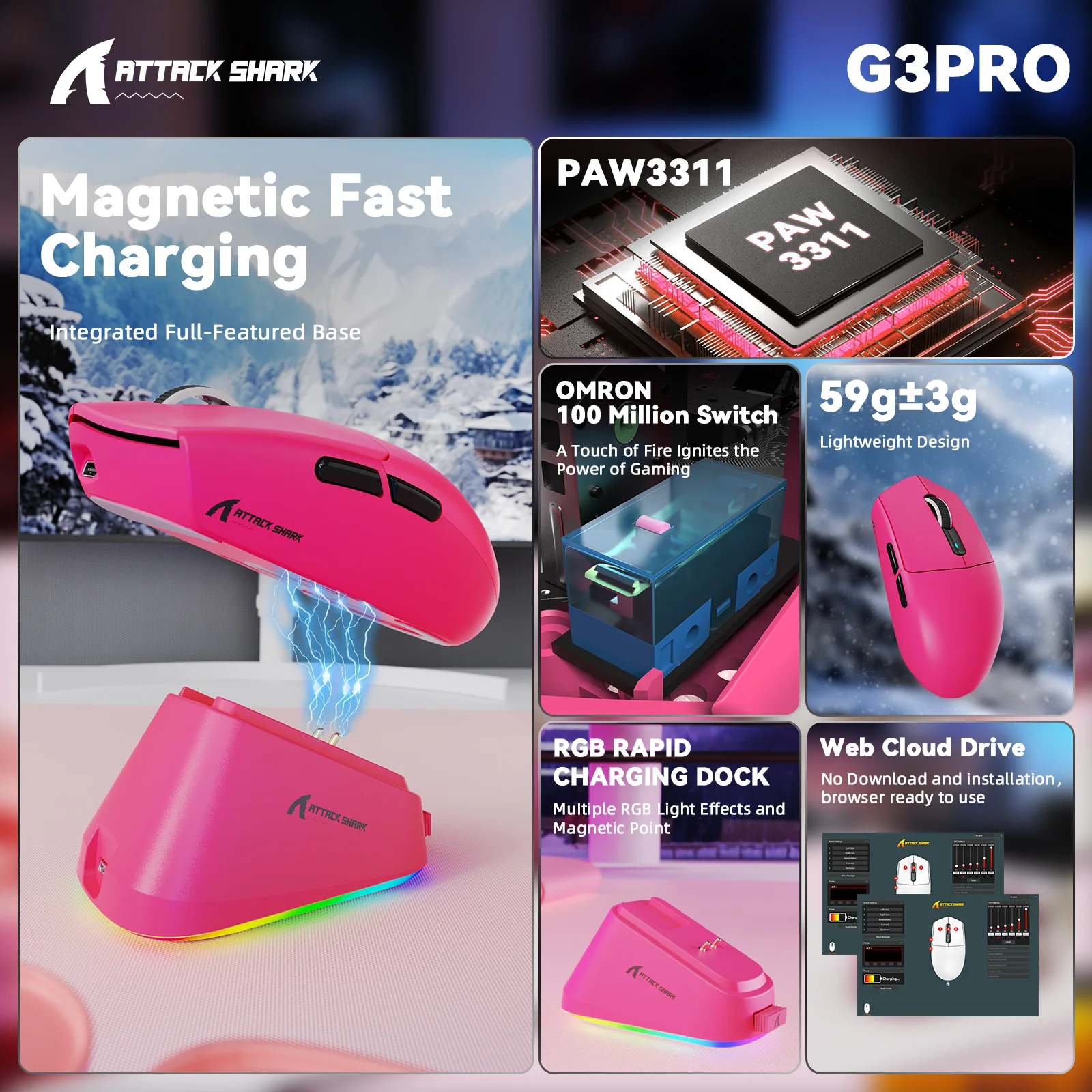 ATTACK SHARK G3PRO Tri-mode Wireless Gaming Mouse with Charge Dock 25000 DPI Ultra Lightweight