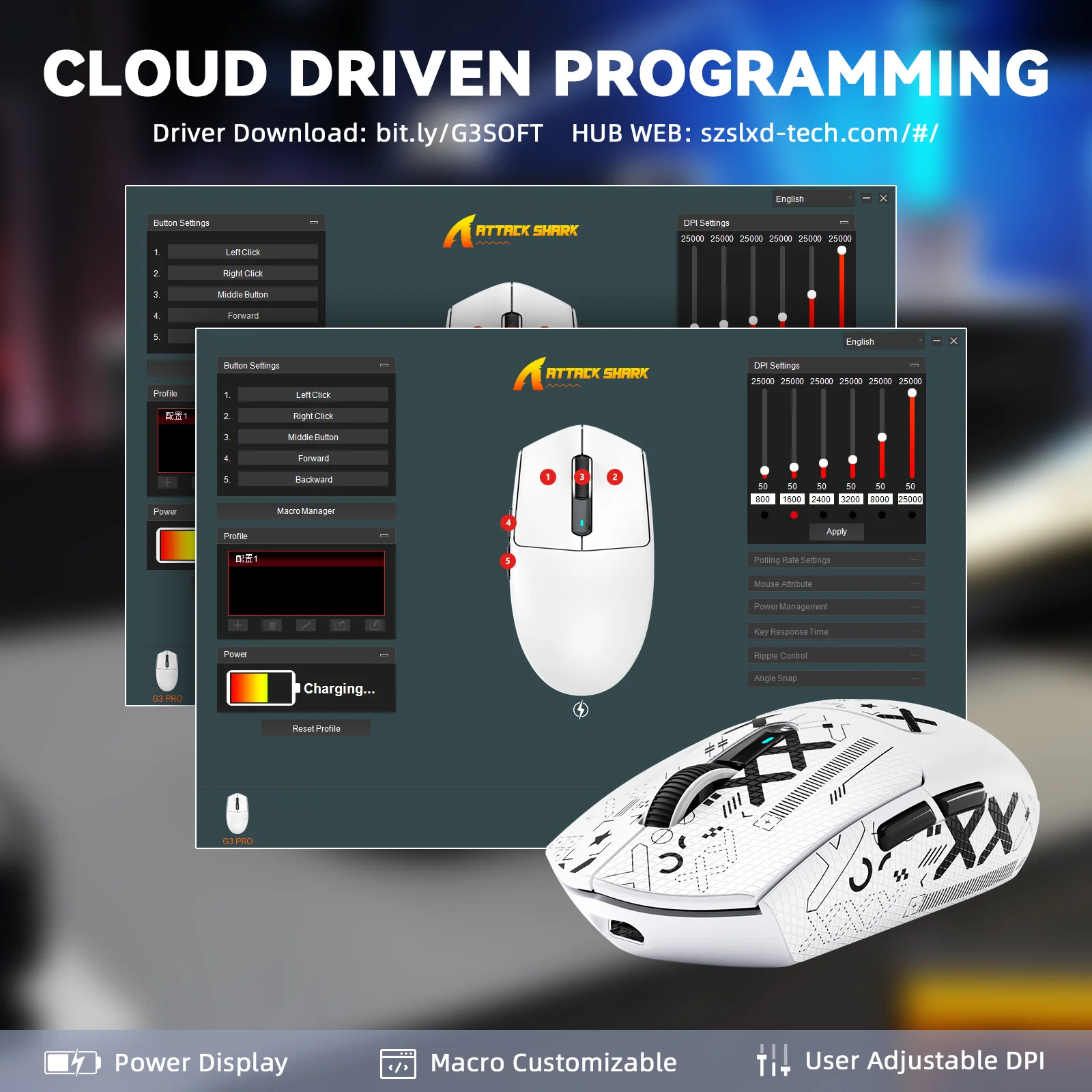 ATTACK SHARK G3PRO Tri-mode Wireless Gaming Mouse with Charge Dock 25000 DPI Ultra Lightweight