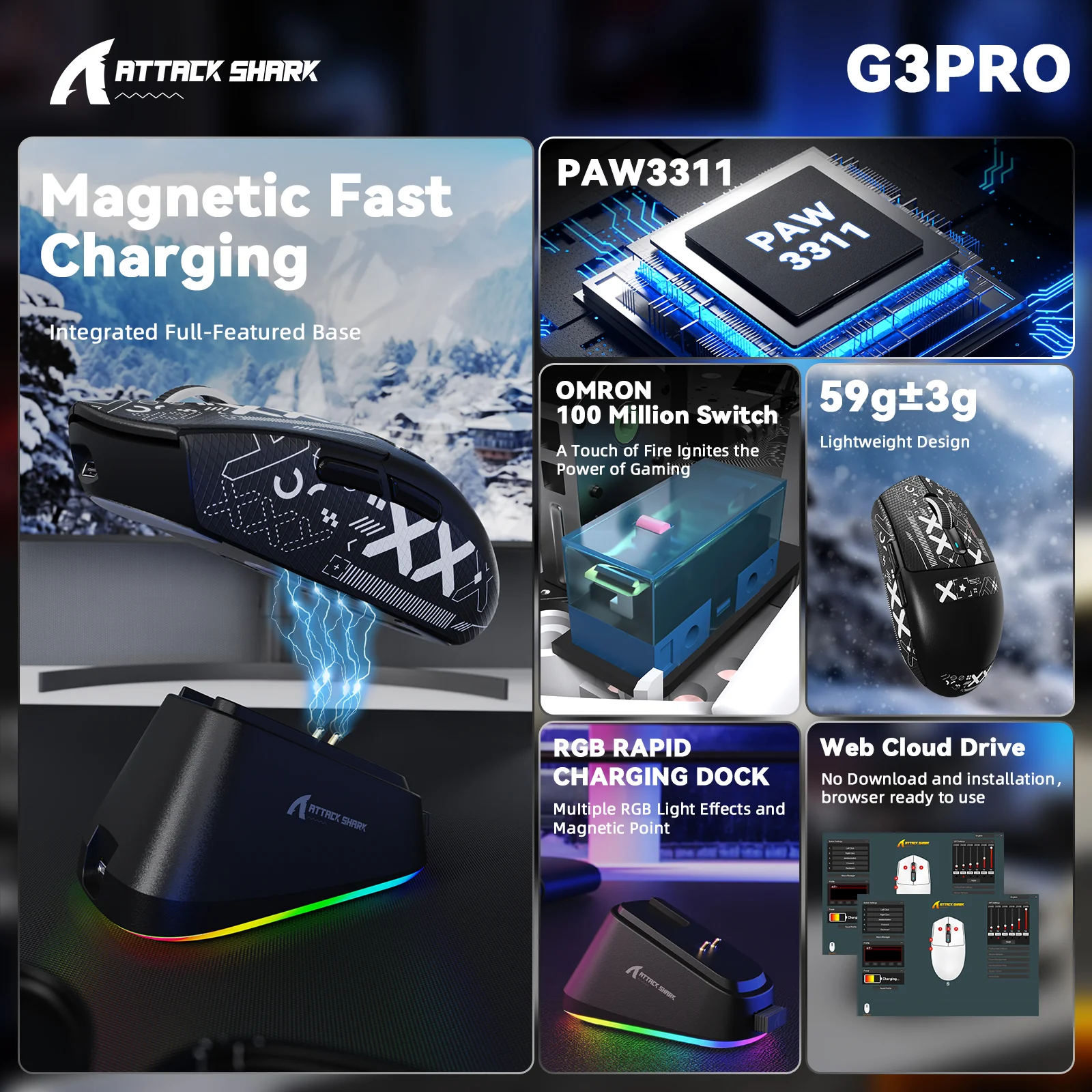 ATTACK SHARK G3PRO Tri-mode Wireless Gaming Mouse with Charge Dock 25000 DPI Ultra Lightweight