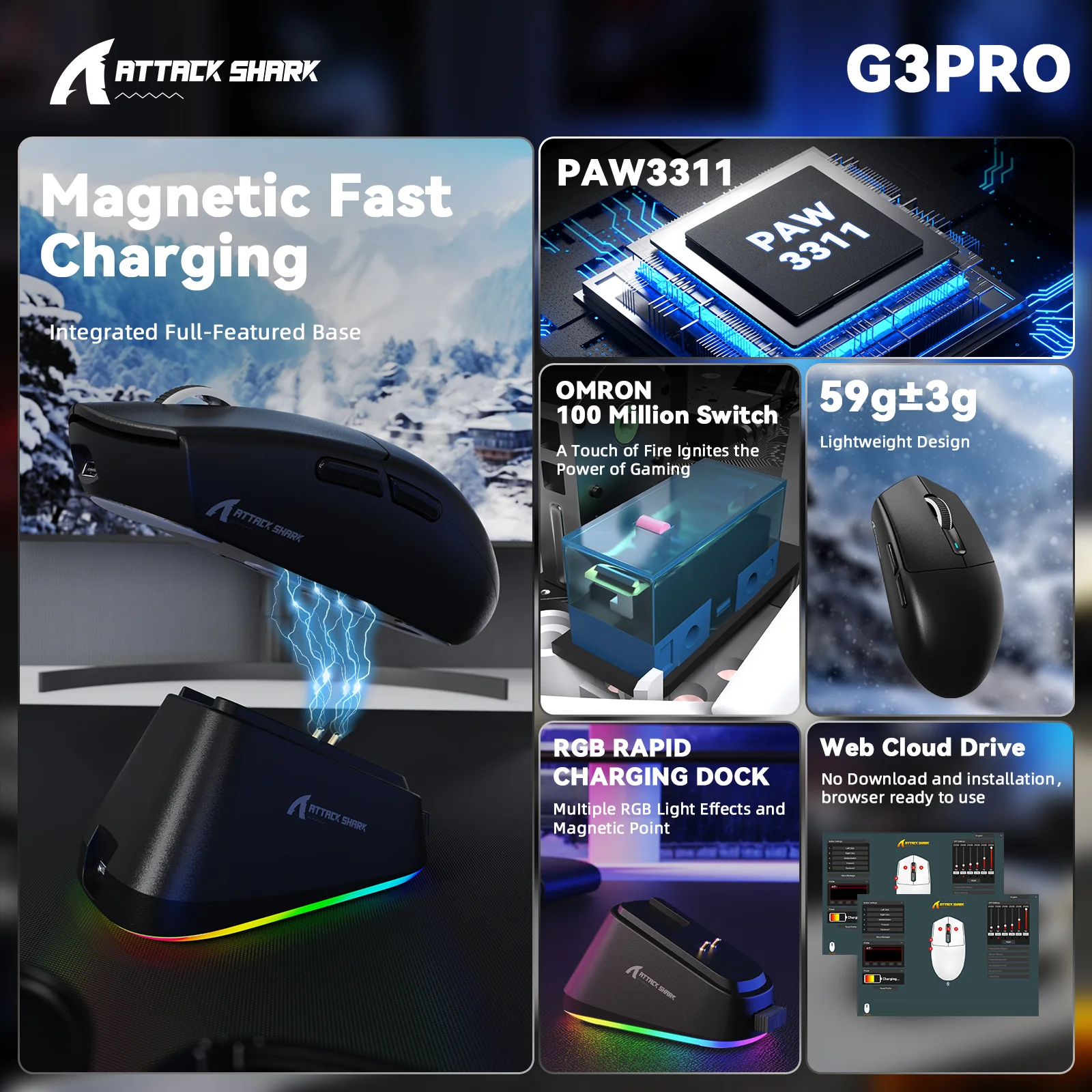 ATTACK SHARK G3PRO Tri-mode Wireless Gaming Mouse with Charge Dock 25000 DPI Ultra Lightweight